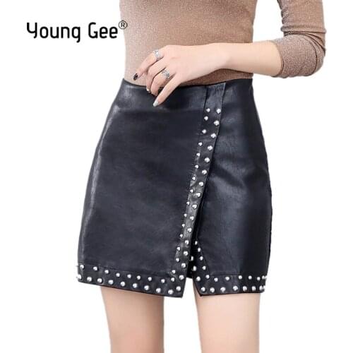 Young Gee Autumn Winter Black PU Leather Elegant Pencil Mini Skirts High Waist Front Split Sheath Wrap Short Rivets Skirts