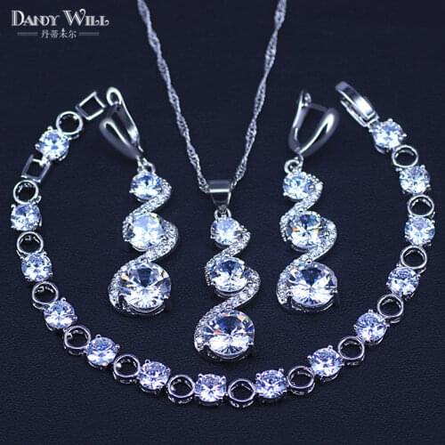 Silver Color White Cubic Zircon Bridal Jewelry Sets For Women Bracelet Earrings Necklace Pendant Gift Box