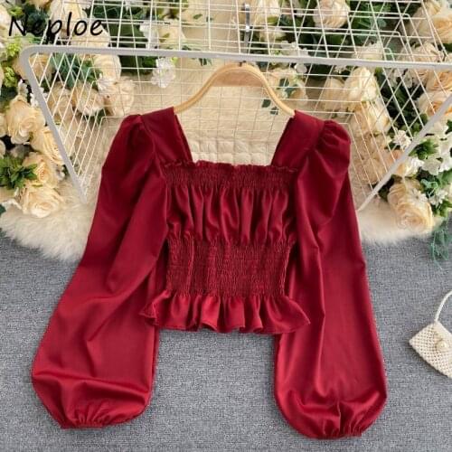 Neploe Solid Color Puff Sleeve Shirt Sexy Square Collar Pleated Slim Fit Women Blouse 2021 Autumn Sweet All-match Femme Blusas