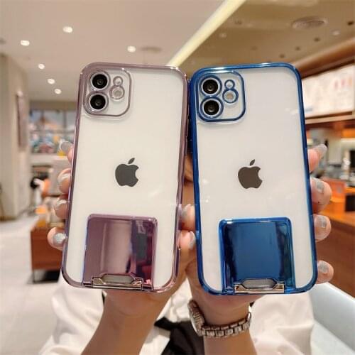 Solid Color Luxury Plating Bracket Camera Protective Phone Case For iPhone 12 Pro Max 11 X XR XS Max Mini 7 8 Plus SE 2020 Coque