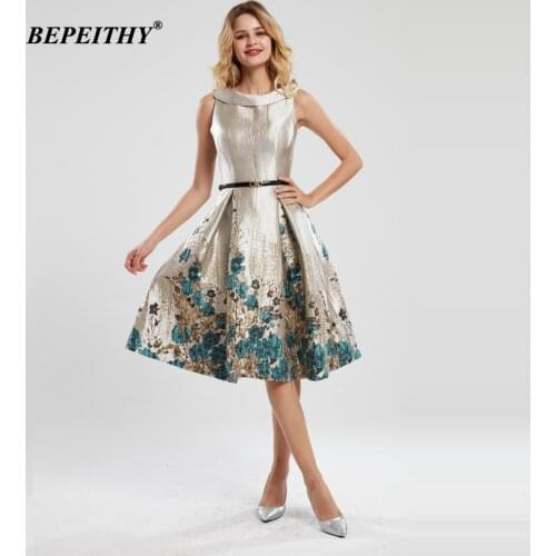 BEPEITHY Scoop Prom Dresses 2021 For Teens Homecoming Short Knee Length Printed Fabric A-Line Hot Sale