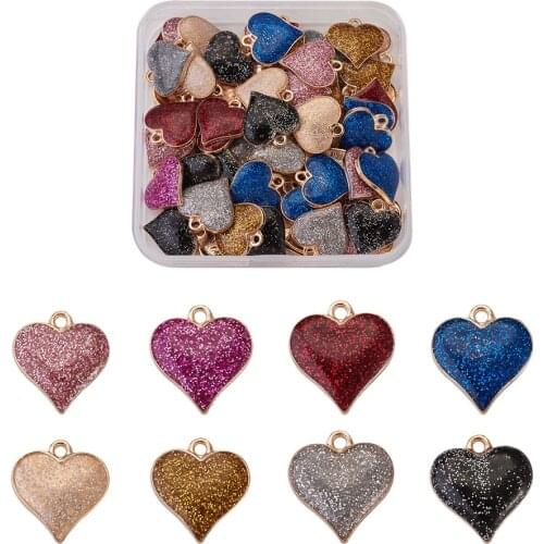 Heart Zinc Alloy Enamel Pendants with Glitter Sequin Mixed Color Heart Charms Fit Bracelet Earrings DIY Jewelry Making 64pcs/box