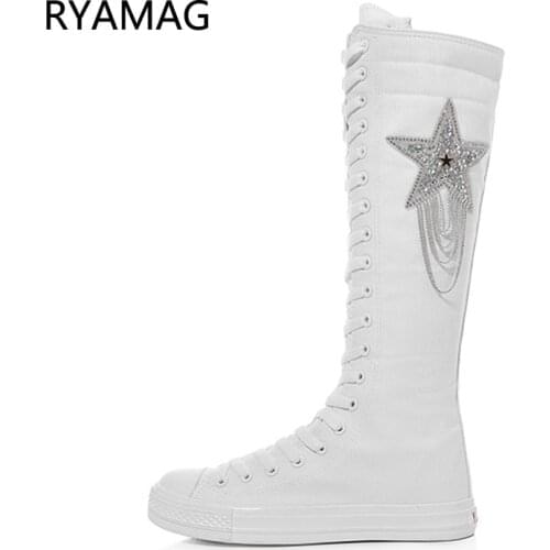 Ryamag 2021 New Womens Canvas Boots Long Boots Flats Shoes Casual High bling tassel Zipper Comfortable Vulcanize Sneakers