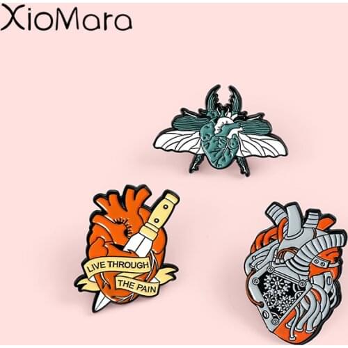Organ Heart Enamel Pins Mechanical Insectization Heart Brooches Badges Clothes Bag Pins Punk Jewelry Gift for Friends