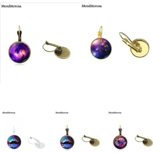 Mendittorosa Glass Cabochon Maxi Bronze/Silver/Golden Clip Ear Hook Drop Earrings Jewelry For Kids Purple Nebula Space Universe