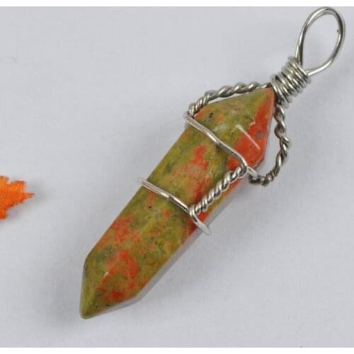 Natural Unakite Epidote Lucky Point GEM Pendant Wire Wrapping Jewelry S1230