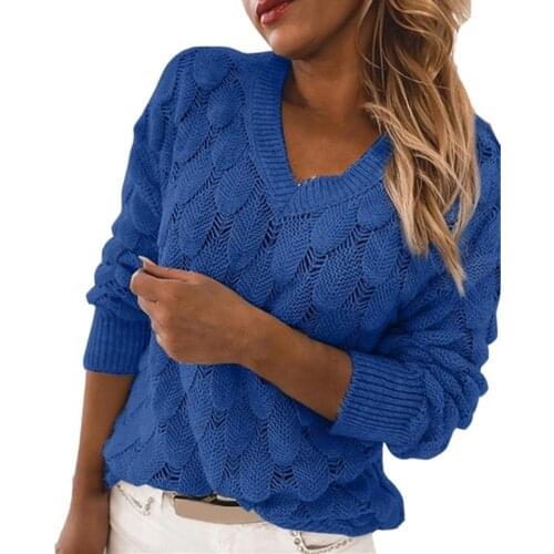 V-neck Pullover Feather Pattern Loose Women Clothes Cotton Long Sleeve Hollow Out Sweater Date Knitting Sweater Autumn Winter