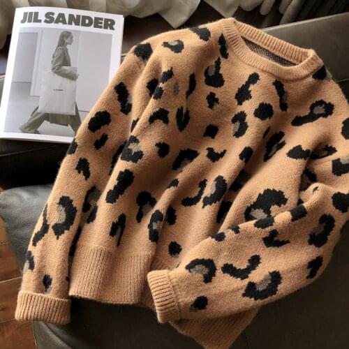 2021 new fashion leopard print round neck pullover knit top pullover long sleeve round neck ladies sweater loose and versatile