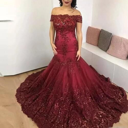 Burgundy Sequined Lace Appliques Mermaid Evening Dresses Long For Women Party Prom Gown Plus Size Sweep Train Robe De Soiree