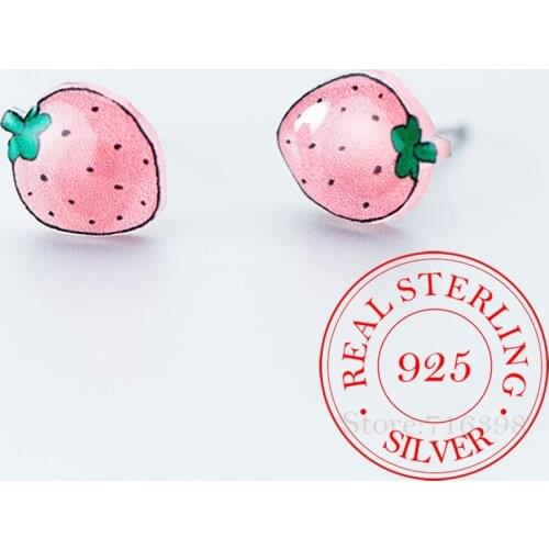 100% 925 Sterling Silver Cut Cartoon Pink Strawberry Stud Earrings for Women pendientes brincos Drop Shipping eh806