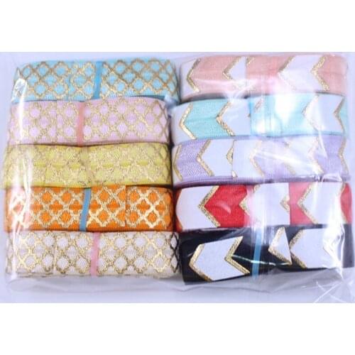 20yards/lot 2yards each color 5/8''fold over elastic gold foil small quatrefoil and big chevron printed headband hair tie diy