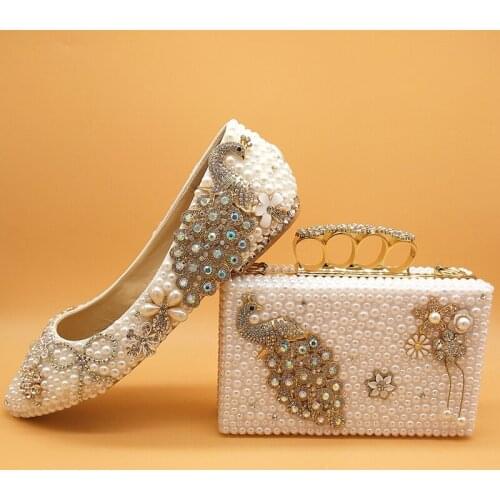 BaoYaFang White pearl Women wedding shoes with matching bags bride High heels platform shoes Peacock Ladies Paty shoe and bag