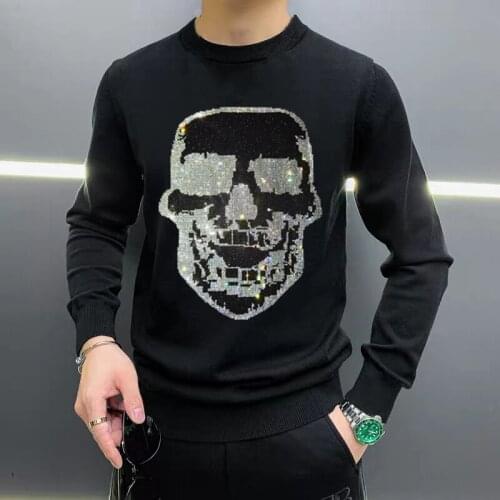 Black And White Thick Brand Hot Drilling Skull Design Mens Sweater Top Fashion Slim Pullover