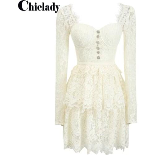 CHICLADY vintage celebrity square collar long sleeve lace crystal buttons A-line mini dresses for women party birthday dress new