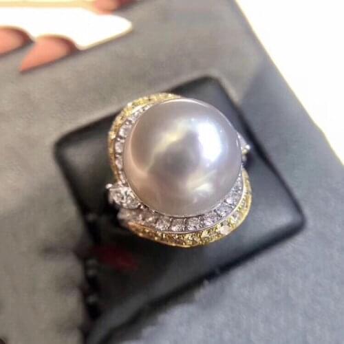 Fine Jewelry 18K White Gold Natural Australia Origin 13-14mm White Peals Rings for Women Fine Pearls Rings