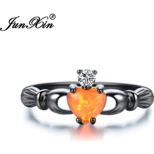 JUNXIN Female Orange Opal Heart Ring Fashion Black Gold Filled Jewelry Vintage Wedding Rings For Women Girlfriend Gifts