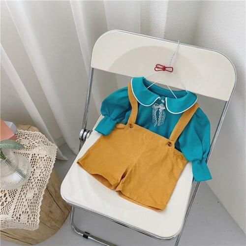 2021 Korea style girls boys 2 pcs set shirt+overall autumn cotton kids suit 6-24 month