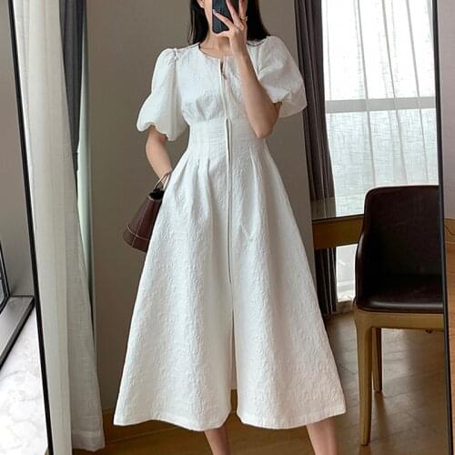 Summer High Quality White Dress Women Streetwear Puff Sleeve Zipper Elegant Dress Plus Size Party Dresses vestidos