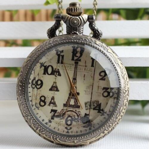 New Fashion quartz Eiffel Tower in Paris Arabic numeral transparent glass pendant Necklace pocket watches