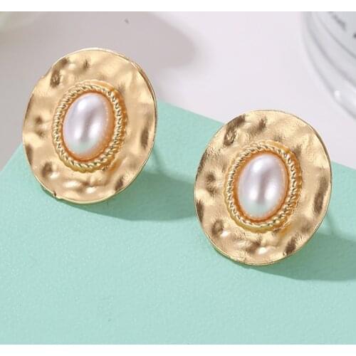New 2021 Geometric Round Irregular Surface Pearl Hemp Rope Metal Stud Earrings Women Retro Girls Party Jewelry Gifts