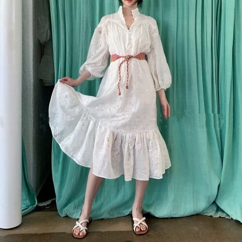 New white cotton hollow collar lantern long sleeve shirt dress with belt