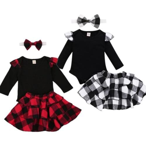 Infant Newborn Kid Baby Girl Clothes Christmas Fresh Solid Color Long Seeve Jumpsuit Plaid Short Skirt with Headband Clothes Set