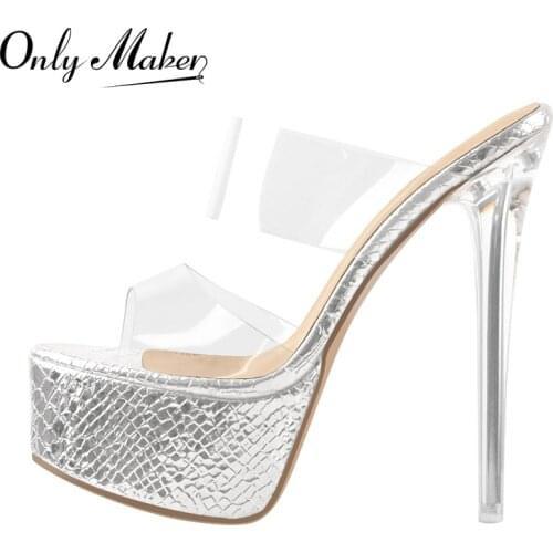 Onlymaker Summer New Slip-On Platform Sandals Silver Gold Crocodile Print Clear Metal High Heel Slippers PVC Band Bling Big Size