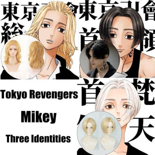 Anime Tokyo Revengers Mikey Three Identities Cosplay Wig Short Black Heat Resistant Synthetic Hair + Wig Cap