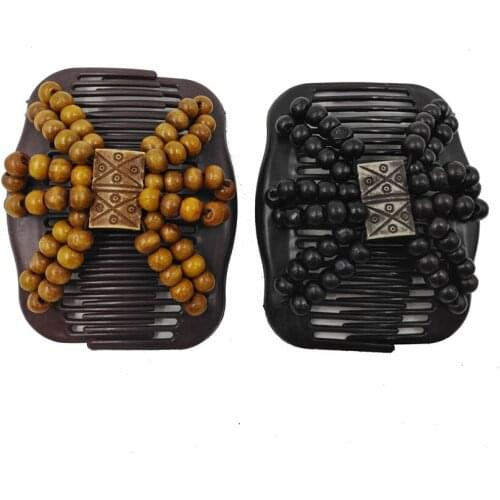 Plastic Hair Side Combs with Wood Beaded for Women, Stretchy Double Hair Side Combs Clips Hair Clip Combs, Black, Coffee