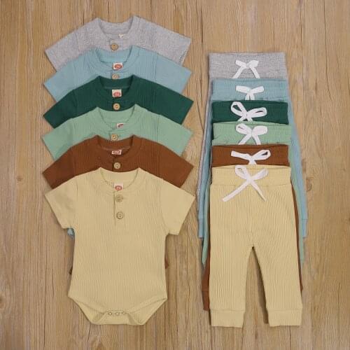 Baby Boys Girls 2pcs Casual Home Wear Short Sleeve Button Romper + Elastic Pants Toddler Kids Knitted Clothings Outwear