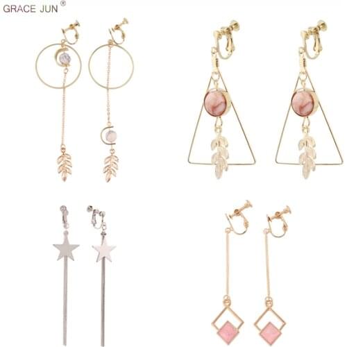 GRACE JUN 4Pairs /set Korea Style Clip on Earrings No Pierced for Women Girl Fashion Luxury Student Party Long Drop Earrings