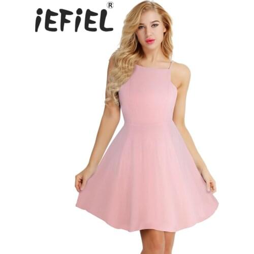 Tiaobug Women Girls Ladies Halter Neck Sleeveless Chiffon Wedding Bridesmaid Party Swing A-line Princess Summer Formal Dress