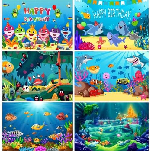 SHUOZHIKE Cute Cartoon Shark Backdrop for Kids Birthday Cartoon Theme Party Decoration Baby Birthday Photo Background 210521-61