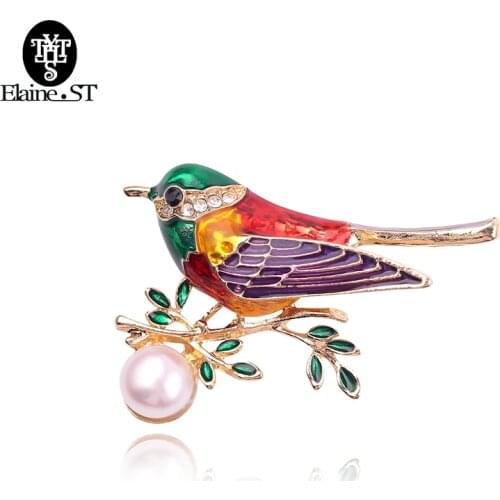 Rhinestone Enamel Colorful Oriole Bird Branch Brooch Crystal Pearl Women Men Badge Pin Party Clothing Collars Bag Jewelry Gift