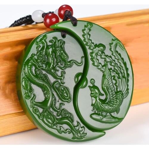 Natura Green Jade Dragon and Phoenix Jade Pendant Jewelry Lucky Exorcise evil spirits Safety Amulet Jade Pendant Fine Jewelry
