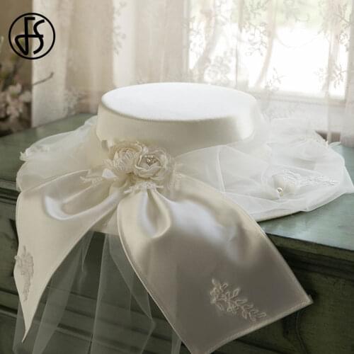 FS Summer Womens Boater Hats 2021 Fascinator Wide Brim White Fedora Female Lady Classic Flat Top Bowknot Flower Wedding Hat