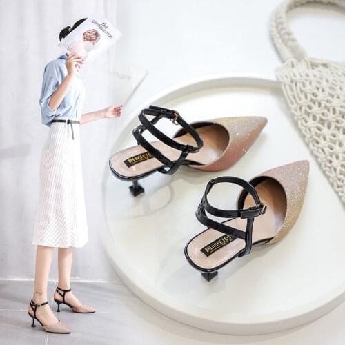2021 new hollow outside wear a word buckle high-heeled shoes casual and versatile pointy ins fashion thin heel sandals for women