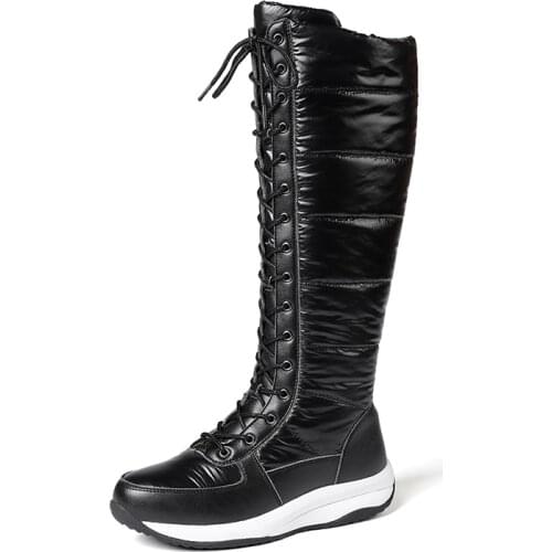 Ins 2021 Top Quality Women Winter Snow Boots Wedges Heels Round Toe Lace Up Black Knee High Boots For Woman Shoes Big Size 35-43