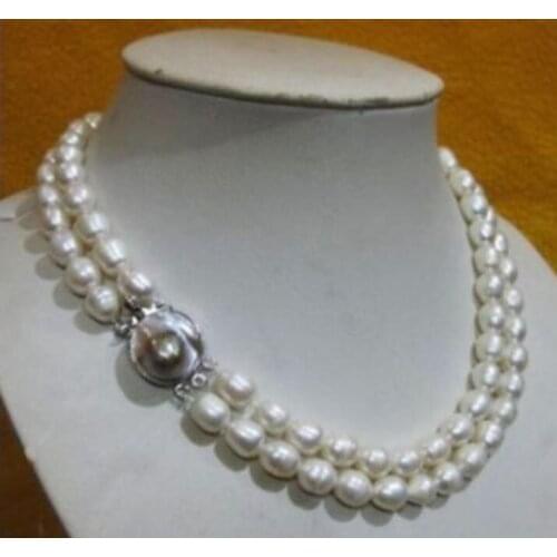 Womens Hot selling CHARMING NATURAL 2 row 10-11MM AKOYA REAL WHITE BAROQUE PEARL NECKLACE 18 inch Genuine Lucky Ladys