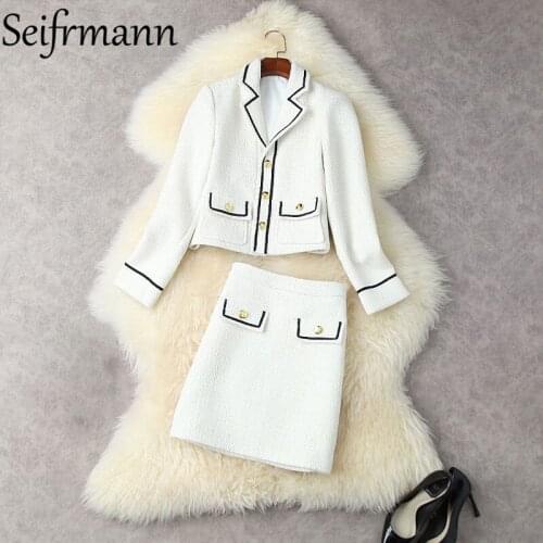 Seifrmann New 2021 Autumn Women Fashion Runway Skirts Set Long Sleeve Pockets Coats + High Waist Pencil Skirts 2 Two Pieces Suit