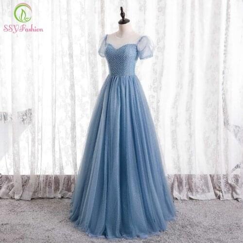 SSYFashion New Elegant Banquet Blue Evening Dress Short Sleeve A-line Floor-length Beading Prom Formal Gowns for Women Vestidos
