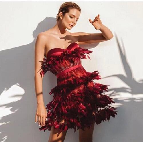 Ailigou 2021 Summer New Womens High Quality Burgundy Feather Sexy Strapless Skinny Mini Elegant Nightclub Party Dress Vestidos