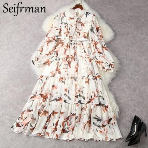 Seifrmann New 2021 Summer Women Fashion Runway Party Maxi Dress Lantern Sleeve Sashes Bow Sashes Print Ladies Chiffon Dresses