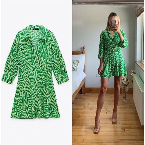 Za Three-quarter Sleeve Dress Woman Chic Single-Breasted Irregular Print Mini Dresses 2021 Summer Female Party Green Vestido
