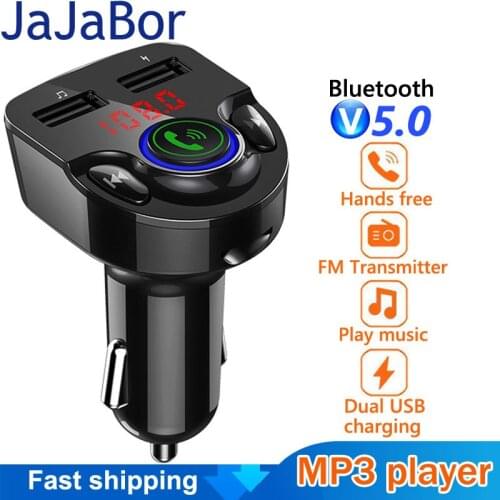 JaJaBor Bluetooth 5.0 Car Kit Handsfree FM Transmitter Music Mp3 Player Dual USB Car Charger TF Card USB Flash Drive Playback