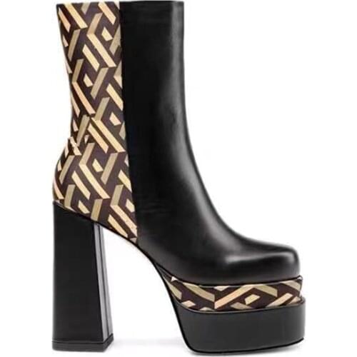 Early Autumn New Leather Square Head Thick High Heels Womens Bare Boots Side Zipper Increased Large 43 Short Boots