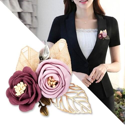 Red Pink Blue Mixed Rose Double/Three Flower Pearl Cloth Flower Brooch Female Professional Suit Cloth Brooch Jewelry Accessories