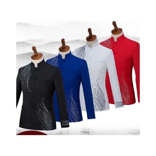 Singer star style dance stage Sequin clothing for men Chinese tunic suit set with pants 2020 mens wedding suits stand collar