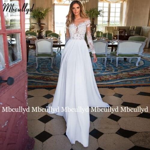 Mbcullyd Boho Lace Wedding Dress 2021 Split A-Line Sweep Train Long Sleeves Bride Gown Customized Princess Vestido de Noiva