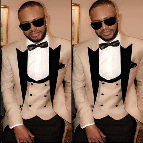 Black Lapel Wedding Suits For Men Beige Prom Dinner Male Suits 2021 Best Man Blazer Groom Tuxedo Formal Wear Jacket+Pants+Vest